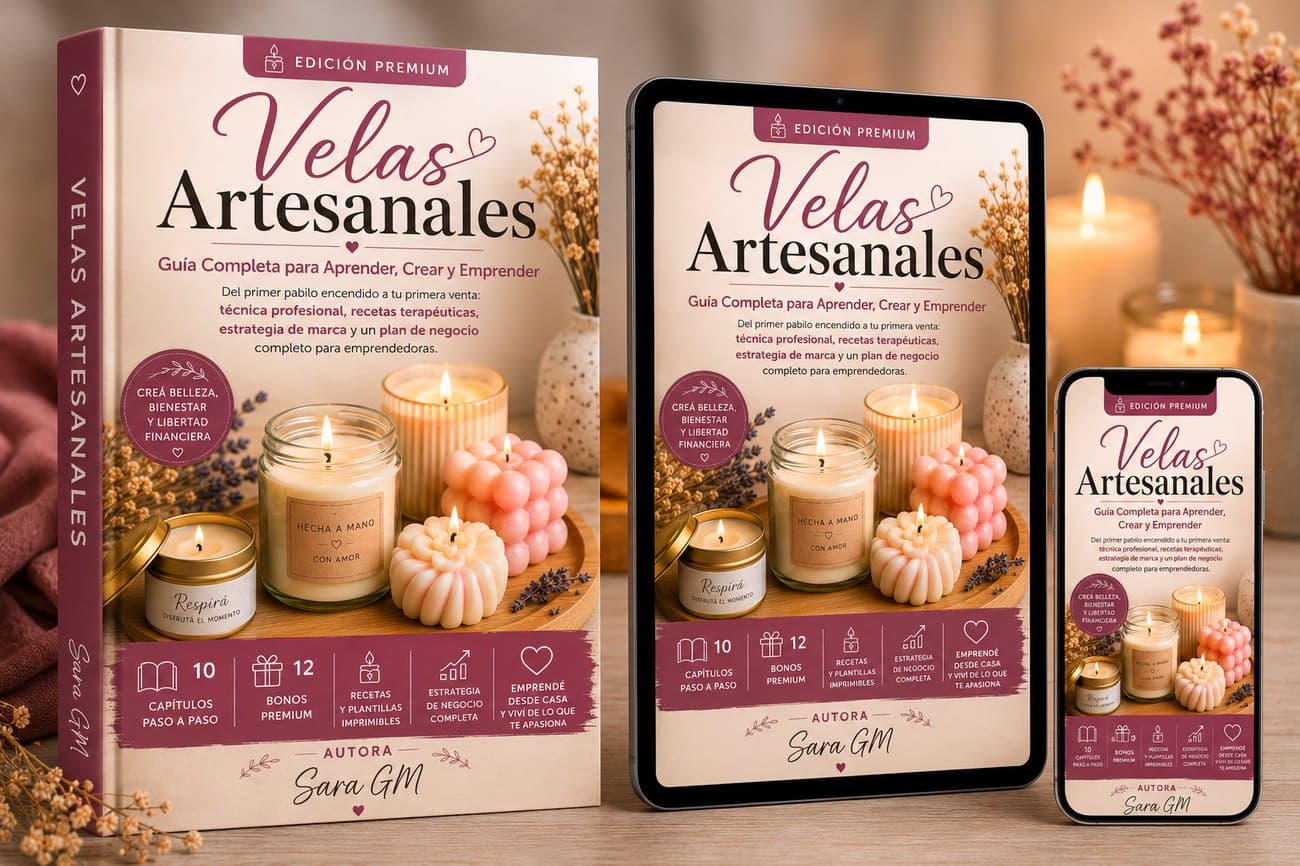 Mockup del ebook Velas Artesanales en libro, tablet y celular